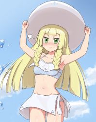 Rule 34 | 1girl, :t, arms up, bikini, blonde hair, blunt bangs, blush, braid, breasts, closed mouth, cloud, collarbone, commentary request, creatures (company), day, eyelashes, game freak, green eyes, hands on headwear, hat, highres, lillie (pokemon), long hair, looking at viewer, mockingeu, navel, nintendo, outdoors, pokemon, pokemon (anime), pokemon sm (anime), pout, puff of air, skirt, sky, solo, sun hat, swimsuit, twin braids, water, water drop, white hat, white skirt