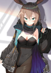 Rule 34 | 1girl, amiya (arknights), animal ears, arknights, black jacket, black leotard, black pantyhose, blush, breasts, brown hair, cleavage, closed mouth, commentary request, cowboy shot, dduck kong, dot nose, green eyes, groin, hair between eyes, hand up, highres, jacket, leotard, light frown, long hair, long sleeves, looking at viewer, medium breasts, open clothes, open jacket, pantyhose, pocket, rabbit girl, raised eyebrows, shadow, sleeves past wrists, solo, strapless, strapless leotard, thighs, zipper pull tab