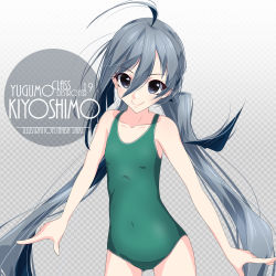 Rule 34 | 1girl, ahoge, artist name, character name, checkered background, collarbone, commentary request, cowboy shot, eyes visible through hair, gradient background, green one-piece swimsuit, grey eyes, grey hair, hair between eyes, hair bun, inaba shiki, kantai collection, kiyoshimo (kancolle), leaning forward, long hair, looking at viewer, low twintails, new school swimsuit, one-hour drawing challenge, one-piece swimsuit, school swimsuit, simple background, single hair bun, smile, solo, swimsuit, twintails