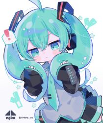 Rule 34 | !, 1girl, absurdres, ahoge, aqua eyes, aqua hair, aqua necktie, artist logo, black skirt, black sleeves, blush stickers, closed mouth, collared shirt, cotono (nazekun), crossed bangs, frown, grey shirt, hair between eyes, hands up, hatsune miku, headset, highres, holding own hair, long hair, miniskirt, necktie, pleated skirt, revision, shirt, skirt, sleeves past wrists, solo, spoken exclamation mark, spring onion, star (symbol), tie clip, twintails, twitter username, upper body, v-shaped eyebrows, very long hair, vocaloid, white background