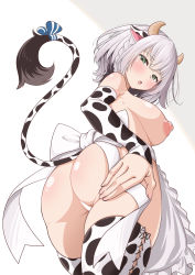 Rule 34 | 1girl, absurdres, animal ears, animal print, apron, ass, blush, bow, breasts, censored, cow ears, cow horns, cow print, cow tail, detached sleeves, green eyes, grey hair, highres, hololive, horns, large breasts, looking at viewer, naked apron, nipples, shirogane noel, short hair, sideboob, solo, tail, tail bow, tail ornament, thighhighs, virtual youtuber, wavy hair, yokojima kemomi mi chuushin