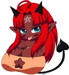 Rule 34 | 1girl, blue eyes, blush, breasts, censored, cleavage, cleavage cutout, clothing cutout, dark skin, demon girl, demon horns, demon tail, facial mark, fangs, forehead mark, hand on own chest, horns, huge breasts, long hair, looking at viewer, open mouth, orange shirt, pentagram, pointy ears, pokumii, red hair, shirt, smile, standing, star (symbol), star cutout, tail, tongue, tongue out, transparent background, upper body