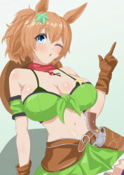 Rule 34 | 1girl, animal ears, aqua background, bandeau, bare shoulders, belt, bikini, bikini under clothes, blue eyes, breasts, brown belt, brown gloves, brown hair, cleavage, commentary request, detached sleeves, front-tie top, gloves, green skirt, gun, hand up, handgun, highres, horse ears, index finger raised, large breasts, looking at viewer, midriff, navel, one eye closed, parted lips, ponytail, revolver, short hair, short sleeves, skirt, solo, stomach, swimsuit, taiki shuttle (umamusume), umamusume, weapon, yamaboshi ryuu
