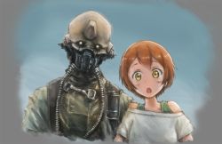 Rule 34 | 10s, 1girl, alien, azarashi no shioyaki, benthic, brown hair, cat01proto, coat, crossover, explosive, gas mask, grenade, hoshizora rin, looking at viewer, love live!, love live! school idol project, mask, partisan (star wars), rogue one: a star wars story, science fiction, star wars, tube