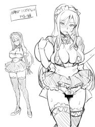 Rule 34 | 1girl, blush, bow, breasts, censored, character request, comparison, crotchless, crotchless panties, decent and indecent, embarrassed, female pubic hair, greyscale, large breasts, long hair, maid, maid headdress, miniskirt, monochrome, panties, pasties, plate, pubic hair, sketch, skirt, takeda hiromitsu, thighhighs, underwear