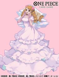 Rule 34 | 1girl, bridal veil, brown eyes, brown hair, charlotte pudding, dress, ekusiun, flower, hair flower, hair ornament, hands up, long hair, one piece, one piece card game, open mouth, pink background, simple background, solo, teeth, upper teeth only, veil, wedding dress, white dress