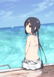 Rule 34 | 1girl, 2011, black hair, brown eyes, dated, day, errant, from behind, k-on!, long hair, looking back, nakano azusa, sitting, solo, swimsuit, twintails, water