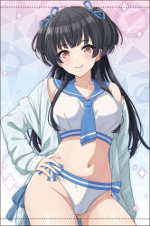Rule 34 | 1girl, bare shoulders, black hair, blue coat, blue necktie, breasts, cameltoe, coat, commentary request, cowboy shot, crop top, highres, idolmaster, idolmaster shiny colors, light smile, long sleeves, looking at viewer, mayuzumi fuyuko, medium breasts, midriff, navel, necktie, off shoulder, open clothes, panties, sailor collar, sailor swimsuit (idolmaster), solo, stomach, underwear, urabi (tomatohouse), white panties