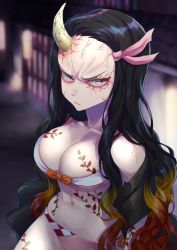 Rule 34 | 1girl, bad id, bad pixiv id, bare shoulders, bikini, black hair, blurry, blurry background, bouhouji, breasts, brown hair, cleavage, closed mouth, collarbone, commentary request, depth of field, forehead, gradient hair, hair ribbon, horns, kamado nezuko, kimetsu no yaiba, large breasts, long hair, looking at viewer, multicolored hair, navel, night, outdoors, parted bangs, pink bikini, pink eyes, pink ribbon, ribbon, single horn, solo, spoilers, swimsuit, very long hair