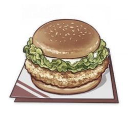 Rule 34 | artist request, burger, chicken (food), commentary, english commentary, food, food focus, game cg, genshin impact, lettuce, lowres, mayonnaise, meat, muted color, napkin, no humans, official art, simple background, still life, third-party source, transparent background