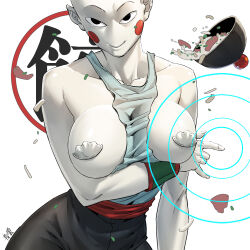 Rule 34 | 1girl, bald, bald girl, bowl, breast hold, breasts, breasts out, chaozu, dragon ball, dragonball z, food, genderswap, genderswap (mtf), grey tank top, large breasts, no nose, pasties, qingyun zhizhe, smile, solo, soup, tank top, upper body, white tank top