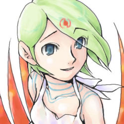 Rule 34 | 1girl, blue eyes, breath of fire, breath of fire v, commentary request, dress, facial mark, forehead mark, full-body tattoo, green hair, lowres, nina (breath of fire v), red wings, see-through, short hair, smile, solo, tattoo, umenin, white dress, wings