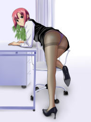 Rule 34 | 1girl, ass, bent over, blush, chair, clothes lift, crotch seam, desk, artistic error, formal, high heels, legs, looking back, office lady, panties, panties under pantyhose, pantyhose, pantyshot, pink hair, rio rollins, shoes, short hair, skirt, skirt suit, solo, suit, super blackjack, thighband pantyhose, thong, underwear, upskirt, winbay01