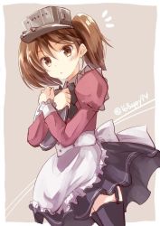 Rule 34 | 10s, 1girl, alternate costume, apron, bad id, bad pixiv id, black thighhighs, brown eyes, brown hair, dutch angle, enmaided, frilled apron, frills, garter straps, iroha (shiki), kantai collection, long sleeves, looking at viewer, maid, maid apron, pleated skirt, puffy long sleeves, puffy sleeves, ryuujou (kancolle), skirt, solo, thighhighs, twintails, twitter username, visor cap, zettai ryouiki