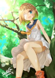 Rule 34 | 1girl, :d, bandage over eye, bare shoulders, blonde hair, blue eyes, blush, boots, branch, breasts, collarbone, dated, day, dress, green hair, kavka, looking at viewer, multicolored hair, neckerchief, open mouth, orange neckerchief, original, outdoors, pointy ears, red footwear, short hair, signature, sitting, small breasts, smile, solo, thighs, tree