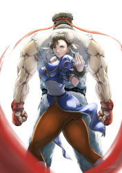 Rule 34 | 1girl, ass, bad id, bad pixiv id, black pantyhose, bracelet, breasts, brown eyes, bun cover, capcom, china dress, chinese clothes, chun-li, covered erect nipples, double bun, dress, fighting stance, hair bun, highres, impossible clothes, jewelry, large breasts, pantyhose, pelvic curtain, ryu (street fighter), spiked bracelet, spikes, stealthmaria, street fighter, thick thighs, thighs