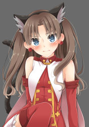 Rule 34 | 1girl, animal ears, blue eyes, blush, brown hair, cat ears, cat tail, ear blush, earrings, elbow gloves, fate/hollow ataraxia, fate (series), gloves, jewelry, kaleido ruby, magical girl, solo, tail, thighhighs, tohsaka rin, two side up, wankoba