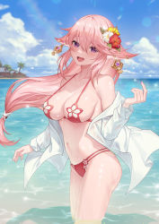 Rule 34 | 1girl, animal ears, armpit crease, ass, bare shoulders, bikini, blue sky, blush, breasts, cloud, cloudy sky, collarbone, cowboy shot, dress shirt, earrings, floating hair, floppy ears, flower, fox ears, from side, genshin impact, hair between eyes, hair flaps, hair flower, hair ornament, halterneck, happy, hayate (leaf98k), hibiscus, highres, horizon, jewelry, large breasts, long hair, long sleeves, low ponytail, multi-strapped bikini, navel, ocean, off shoulder, open clothes, open mouth, open shirt, outdoors, pink hair, purple eyes, red bikini, see-through, shirt, sky, smile, solo, sparkle, standing, stomach, string bikini, swimsuit, thighs, tree, wading, water, wet, wet clothes, wet shirt, white flower, white shirt, yae miko