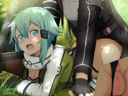 Rule 34 | 1boy, 1girl, anus, armor, ass, belt, black belt, black gloves, black jacket, black panties, black shorts, blush, boy on top, breastplate, breasts, brown hair, cleavage, clothes pull, gloves, grass, green eyes, green hair, green jacket, grey scarf, hair ornament, hairclip, hetero, highres, imminent penetration, jacket, kirito, kirito (sao-ggo), large breasts, long hair, long sleeves, lying, mysteryctu, on stomach, open mouth, outdoors, panties, prone bone, pussy, pussy juice, scarf, sex, sex from behind, shorts, shorts pull, sidelocks, sinon, sweat, sword art online, tree, underwear, weapon, white jacket