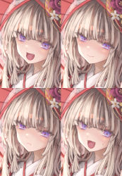 Rule 34 | 1girl, blonde hair, blush, bow, closed mouth, expressions, eyes visible through hair, fang, flower, highres, long hair, multiple views, open mouth, original, osobachan, portrait, pout, purple eyes, purple flower, red pupils, see-through, short eyebrows, smile, striped, striped bow, sweat, tearing up, tongue, upper body, white flower, yellow bow