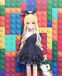 Rule 34 | 1girl, :|, abstract background, absurdres, against wall, animal ears, arms behind back, bare arms, bare legs, black dress, blonde hair, blue eyes, breasts, child, closed mouth, collarbone, commentary request, dress, expressionless, extra ears, headband, highres, holding, holding stuffed toy, huge filesize, lego, light particles, long hair, looking at viewer, multicolored background, multicolored clothes, multicolored dress, original, patterned, patterned clothing, rabbit ears, rabbit girl, sidelocks, sleeveless, sleeveless dress, small breasts, solo, standing, stuffed animal, stuffed rabbit, stuffed toy, tr (hareru), wavy hair