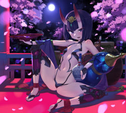 Rule 34 | 1girl, :d, ankle ribbon, arm up, ass, black gloves, breasts, bridal gauntlets, cherry blossoms, circlet, commentary, cup, eyeliner, fangs, fate/grand order, fate (series), feet, fingerless gloves, full moon, gloves, gourd, groin, highres, horns, japanese clothes, kokosando, leg ribbon, looking at viewer, makeup, moon, navel, night, open mouth, outdoors, petals, purple eyes, purple hair, revealing clothes, ribbon, sakazuki, short hair, shuten douji (fate), skin-covered horns, small breasts, smile, solo, spread legs, thighhighs, toeless legwear, toes