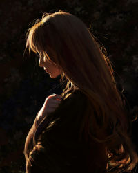 Rule 34 | 1girl, brown hair, closed mouth, commentary, guweiz, light, lips, long hair, nose, original, profile, realistic, self hug, solo