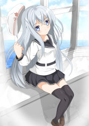 Rule 34 | 10s, 1girl, aruka (alka p1), black thighhighs, blue eyes, hammer and sickle, hat, unworn hat, unworn headwear, hibiki (kancolle), highres, kantai collection, loafers, long hair, looking at viewer, shoes, silver hair, sitting, skirt, solo, star (symbol), thighhighs, verniy (kancolle), water, window
