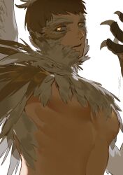 Rule 34 | 1boy, animal hands, bird boy, bird wings, brown feathers, brown hair, claws, commentary, dungeon meshi, english commentary, feathered wings, feathers, hand up, highres, laios touden, laios touden (chimera), looking at viewer, male focus, monster boy, open mouth, ruint, short hair, signature, simple background, slit pupils, upper body, white background, wings, yellow eyes