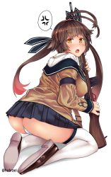 Rule 34 | 1girl, anger vein, annoyed, ass, battle rifle, blue ribbon, blush, breasts, brown eyes, brown hair, commentary request, from behind, girls&#039; frontline, gun, hair ribbon, highres, hubrael, loafers, long hair, looking at viewer, looking back, m14, m14 (girls&#039; frontline), medium breasts, panties, raised eyebrows, ribbon, rifle, school uniform, shoe soles, shoes, simple background, sniper rifle, solo, spoken anger vein, thighhighs, twintails, twitter username, underwear, weapon, white background, white panties, white thighhighs