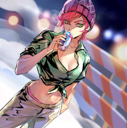 Rule 34 | 1girl, blurry, blurry background, breasts, can, cleavage, collarbone, commentary, drink can, drinking, dutch angle, green eyes, green shirt, hair between eyes, hand in pocket, hand up, hat, holding, holding can, jojo no kimyou na bouken, knit hat, looking at viewer, medium breasts, midriff, navel, panties, pants, panty peek, pink hair, pink panties, purple hat, shirt, short hair, short sleeves, soda can, solo, standing, tied shirt, trish una, underwear, vento aureo, white pants, zzyzzyy