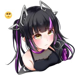 Rule 34 | 1girl, black hair, black jacket, black shirt, blouse, blunt bangs, blush, breasts, cleavage, closed mouth, commentary request, dameyoshi, demon girl, demon horns, emoji, horns, jacket, kojo anna, kojo anna (1st costume), long hair, looking at viewer, medium breasts, multicolored hair, nanashi inc., off shoulder, pointy ears, purple hair, see-through, see-through cleavage, see-through shirt, shirt, simple background, sleeveless, sleeveless shirt, solo, sugar lyric, twintails, two-tone hair, upper body, upturned eyes, virtual youtuber, white background, yellow eyes