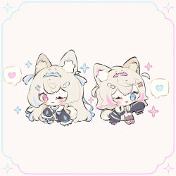 Rule 34 | 2girls, animal ear fluff, animal ears, black coat, black jacket, blonde hair, blue eyes, blue hair, blue hairband, chibi, coat, cropped jacket, cropped shirt, dog ears, dog tail, dress, fake horns, fuwawa abyssgard, fuwawa abyssgard (1st costume), hairband, heart, highres, hololive, hololive english, horns, jacket, long hair, long sleeves, maronsd (maron 04242525), mococo abyssgard, mococo abyssgard (1st costume), multicolored hair, multiple girls, one eye closed, pink eyes, pink hair, pink hairband, short hair, sleeves past fingers, sleeves past wrists, speech bubble, spoken heart, streaked hair, tail, two-tone hair, two side up, virtual youtuber, white dress