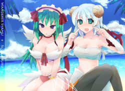 Rule 34 | 2girls, arm wrap, bangle, beach, bikini, black pants, blue sky, blush, bow, bracelet, breasts, brown horns, character name, cleavage, closed mouth, cloud, commentary request, curled horns, day, eon (greencastle), feathered wings, feet out of frame, frilled hairband, frills, green eyes, green hair, hair between eyes, hair bow, hairband, horns, jewelry, large breasts, long hair, looking at viewer, medium breasts, mismatched bikini, multiple girls, ocean, open mouth, outdoors, palm tree, pants, pointing, pointing at self, purple eyes, ragnarok online, red bikini, red bow, red hairband, sarashi, short hair, sky, smile, sura (ragnarok online), swimsuit, tree, wanderer (ragnarok online), water, white bikini, white hair, white wings, wings