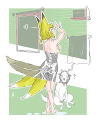 Rule 34 | 1girl, ?, absurdres, animal ears, ass, barefoot, blonde hair, blue eyes, box, breasts, commentary request, covering privates, covering breasts, dog, doitsuken, fox ears, fox shadow puppet, fox tail, hand up, heart, highres, horns, indoors, crossed legs, looking at viewer, looking back, medium breasts, multiple tails, nude, original, skeleton, skull, solo, standing, tail, thigh gap, water drop, wet, x-ray