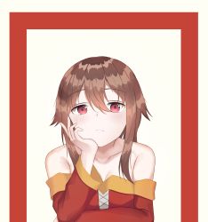 Rule 34 | 1girl, absurdres, bare shoulders, blush, bored, breasts, brown hair, cleavage, closed mouth, collarbone, hand on own face, highres, kono subarashii sekai ni shukufuku wo!, looking at viewer, megumin, muyang, red eyes, short hair, small breasts, solo, upper body