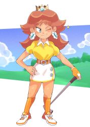 Rule 34 | 1girl, belt, belt buckle, blouse, blue eyes, blush stickers, breasts, brown hair, buckle, cloud, collared shirt, crown, earrings, eyelashes, floral print, flower earrings, full body, gloves, golf, golf club, golf daisy, hand on own hip, highres, hill, holding, holding golf club, inkerton-kun, jewelry, kneehighs, legs apart, looking away, mario (series), mario golf, mario golf: super rush, medium breasts, medium hair, narrow waist, nintendo, one eye closed, orange belt, orange footwear, orange gloves, orange socks, outdoors, parted lips, polo shirt, princess daisy, print skirt, shirt, shirt tucked in, shoes, short sleeves, single glove, skirt, sky, smirk, sneakers, socks, solo, sparkle, standing, tree, white background, white footwear, white skirt, yellow shirt