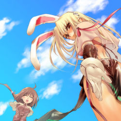 Rule 34 | 2girls, acolyte (ragnarok online), animal ears, day, dutch angle, fake animal ears, foreshortening, from below, gloves, lowres, magician, morii shizuki, multiple girls, rabbit ears, ragnarok online, reaching, sky