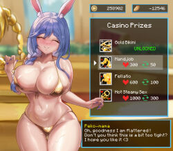 animal_ears areola_slip bare_arms bare_shoulders bikini blue_hair blush braid breasts casino cleavage freeze-ex gameplay_mechanics gold_bikini hair_over_shoulder holocure hololive huge_breasts long_hair mature_female multicolored_hair pekomama rabbit_ears rabbit_girl rabbit_tail red_eyes shiny_skin smile solo_focus sweat swimsuit tail two-tone_hair user_interface virtual_youtuber white_hair