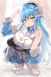 Rule 34 | 1girl, absurdres, ahoge, belt, beret, blouse, blue bow, blue bowtie, blue coat, blue hair, blue nails, blue skirt, blush, bow, bowtie, braid, breasts, cleavage, cleavage cutout, closed mouth, clothing cutout, coat, commentary, corset, curtains, day, dodota, flower, full body, fur-trimmed coat, fur trim, hair between eyes, hair flower, hair ornament, hat, heart, heart ahoge, highres, hololive, indoors, kneeling, large breasts, light blue hair, long hair, looking at viewer, miniskirt, multicolored hair, nail polish, off shoulder, plaid, plaid bow, plaid bowtie, pointy ears, shirt, skirt, sleeveless, sleeveless shirt, smile, snowflake print, solo, streaked hair, sunlight, thighhighs, two-tone hair, virtual youtuber, white hat, white shirt, white thighhighs, window, wing collar, yellow eyes, yukihana lamy
