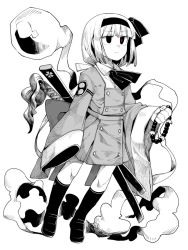 Rule 34 | 1girl, anarogumaaa, armlet, beads, blunt bangs, bow, bowtie, buttons, closed mouth, coat, double-breasted, expressionless, female focus, fingernails, full body, ghost, greyscale, hair ribbon, hairband, hands in opposite sleeves, hitodama, holding, kneehighs, konpaku youmu, konpaku youmu (ghost), loafers, long sleeves, magatama, monochrome, neckerchief, prayer beads, ribbon, sheath, sheathed, shoes, short hair, simple background, smoke, socks, solo, spot color, sword, tassel, touhou, weapon, white background, wide sleeves