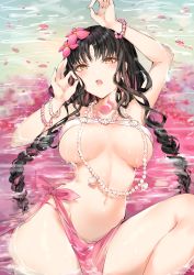 Rule 34 | 1girl, absurdres, bare shoulders, bikini, black hair, blush, bracelet, braid, breasts, chest tattoo, cleavage, facial mark, fate/grand order, fate (series), flower, forehead mark, hair flower, hair ornament, highres, jewelry, large breasts, long hair, looking at viewer, lying, multicolored hair, navel, necklace, on back, parted bangs, pearl bracelet, pearl necklace, pink hair, sarong, sessyoin kiara, sessyoin kiara (swimsuit mooncancer), sessyoin kiara (swimsuit mooncancer) (first ascension), shell, shell necklace, streaked hair, swimsuit, tattoo, thighs, twin braids, very long hair, white bikini, yellow eyes, yukineko1018