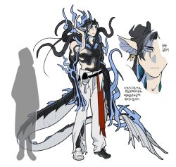 Rule 34 | 1boy, 1other, animal hands, arknights, black hair, blue eyes, blue hair, blue horns, blue sclera, chong yue (arknights), closed mouth, colored sclera, commentary request, doctor (arknights), dragon boy, dragon horns, dragon tail, earrings, fins, floating hair, full body, head fins, highres, horns, jewelry, jjeobjjeobdogta (wjqwjqehrxk), korean commentary, korean text, long hair, long tail, looking at viewer, low ponytail, male focus, monster boy, monsterification, multicolored hair, multiple views, pants, red eyes, scales, shoes, silhouette, simple background, single shoe, streaked hair, tail, topless male, torn clothes, torn pants, translation request, webbed hands, white background
