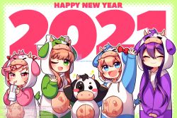 Rule 34 | 2021, 4girls, :d, ;d, ^ ^, animal costume, arm up, blue eyes, brown hair, chibi, closed eyes, commentary request, cow costume, cup, dated, doki doki literature club, drawstring, drinking, drinking glass, drinking straw, facing viewer, green eyes, long hair, looking at viewer, milk, monika (doki doki literature club), multiple girls, nan (gokurou), natsuki (doki doki literature club), new year, one eye closed, open mouth, pink eyes, pink hair, purple hair, sayori (doki doki literature club), short hair, sidelocks, smile, stuffed cow, twitter username, watermark, waving, yuri (doki doki literature club)