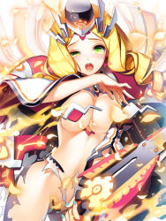 Rule 34 | 1girl, arinna karin galaxia, bad id, bad pixiv id, blonde hair, blush, breasts, cherrypin, cleavage, drill hair, green eyes, hat, junketsu duelion, large breasts, long hair, looking at viewer, navel, official art, open mouth, solo, sword, tears, torn clothes, weapon, white background