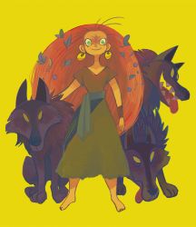 Rule 34 | 1girl, bad id, bad pixiv id, barefoot, dress, earrings, facial mark, green eyes, jewelry, katou (osoraku), leaf, long hair, mebh og mactire, red hair, smile, tongue, tongue out, very long hair, wolf, wolfwalkers, yellow background, yellow eyes