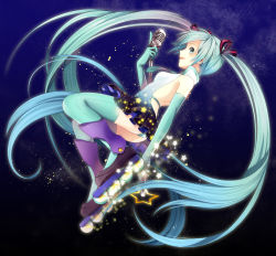 Rule 34 | 1girl, aqua eyes, aqua hair, bare shoulders, bow, elbow gloves, gloves, hair bow, hakusai (tiahszld), hatsune miku, inline skates, long hair, looking at viewer, microphone, microphone stand, panties, pantyshot, roller skates, skates, smile, solo, striped clothes, striped panties, thighhighs, twintails, underwear, very long hair, vintage microphone, vocaloid