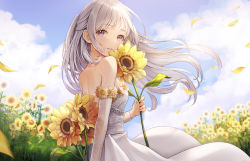 Rule 34 | 1girl, blue sky, blush, breasts, cloud, commentary request, day, detached sleeves, dress, floating hair, flower, holding, holding flower, long hair, long sleeves, looking at viewer, looking to the side, lunacle, original, outdoors, parted lips, petals, purple eyes, silver hair, sky, small breasts, solo, strapless, strapless dress, summer, sunflower, two side up, very long hair, white dress, white flower, yellow flower