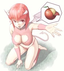 Rule 34 | 1990s (style), 1girl, bat wings, breasts, cleavage, cleavage cutout, clothing cutout, covered erect nipples, demon girl, demon tail, fang, food, fruit, full body, horns, kneeling, large breasts, looking up, monster farm, open mouth, outstretched hand, pink hair, pixie (monster farm), red eyes, retro artstyle, short hair, solo, tail, tkln, wings