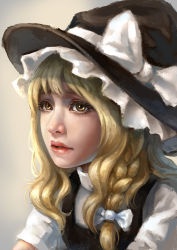 Rule 34 | 1girl, blonde hair, bow, braid, eyelashes, facing viewer, hair ribbon, hat, hat bow, highres, kirisame marisa, lips, looking away, nose, pandawei, parted lips, portrait, realistic, ribbon, short sleeves, single braid, solo, touhou, witch hat, yellow eyes
